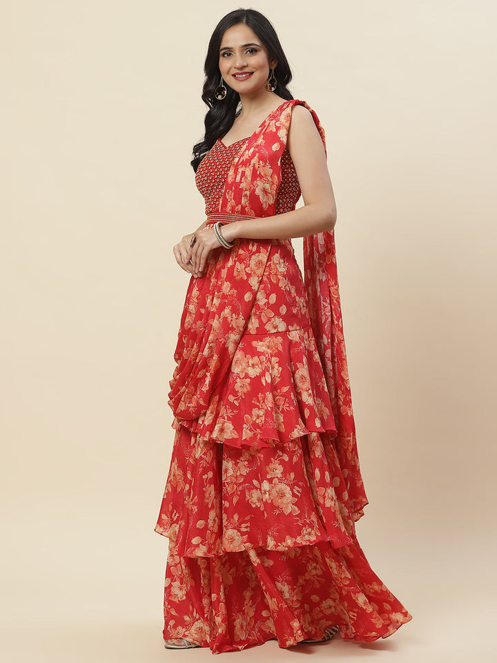 Floral Printed Crepe Choli With Skirt &amp; Dupatta