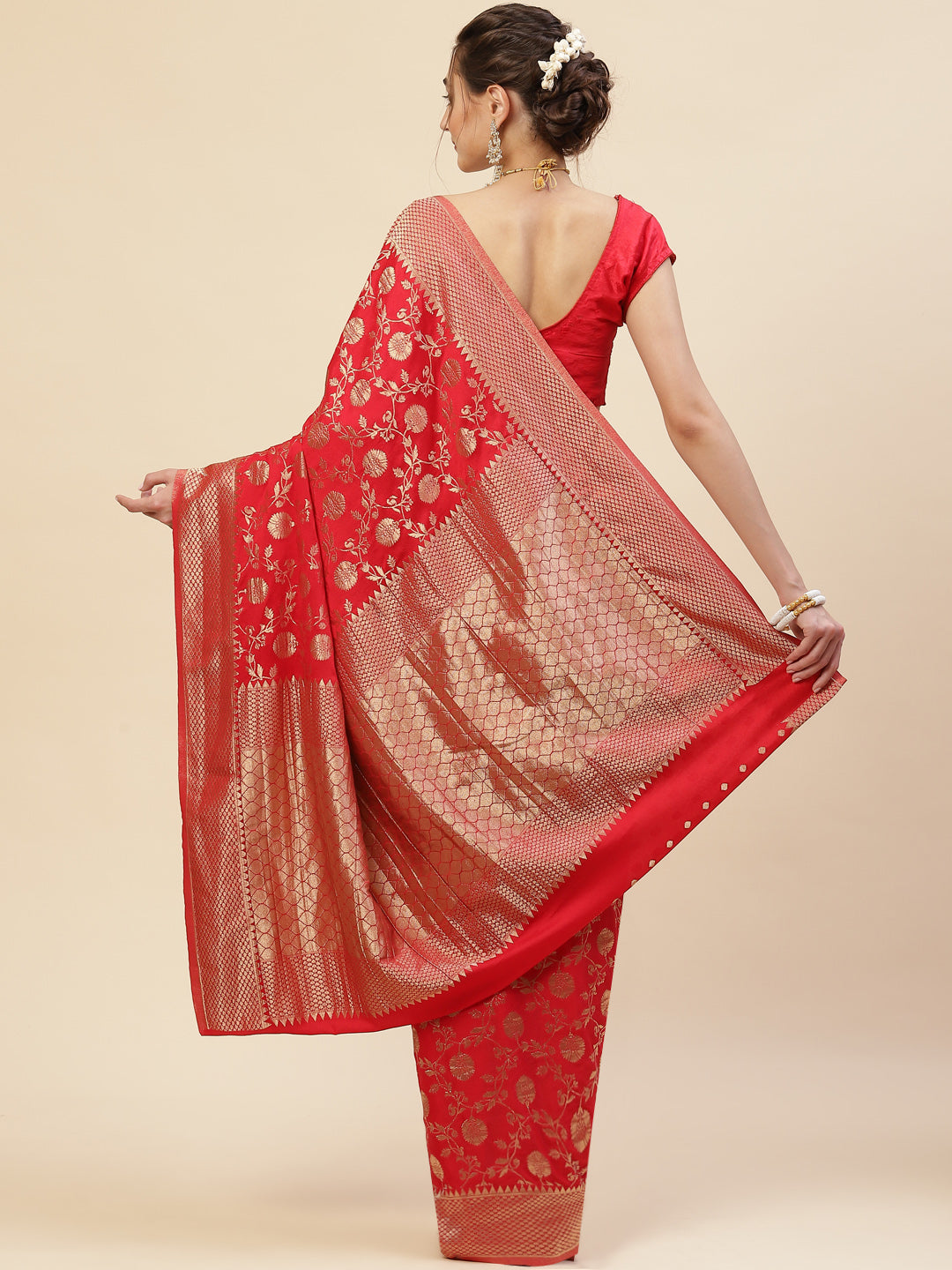 Floral Zari Border Booti Georgette Plain Saree