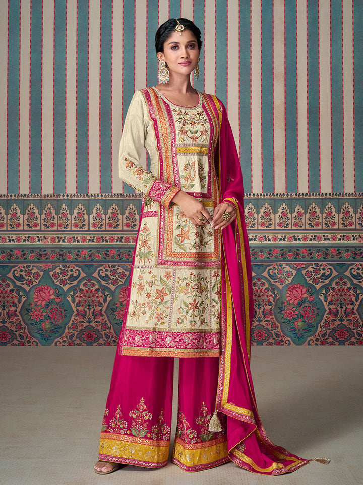 Embroidered Shimmer Silk Kurta With Plazzo &amp; Dupatta