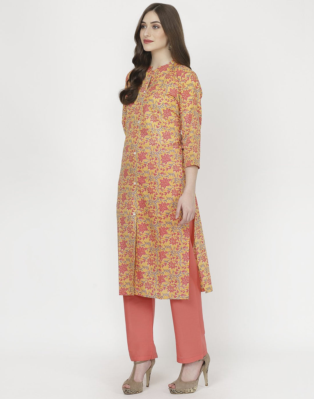 MBZ Meena Bazaar-Yellow Peach Cotton Kurti with Palazzo