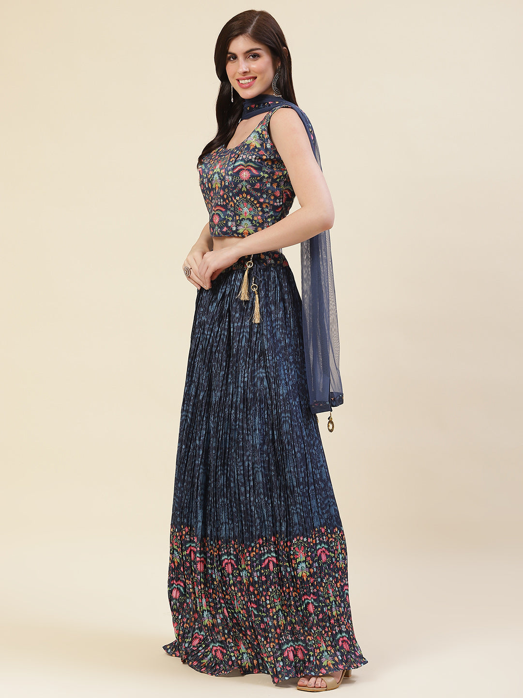 Floral Printed Crepe Choli With Lehenga &amp; Dupatta