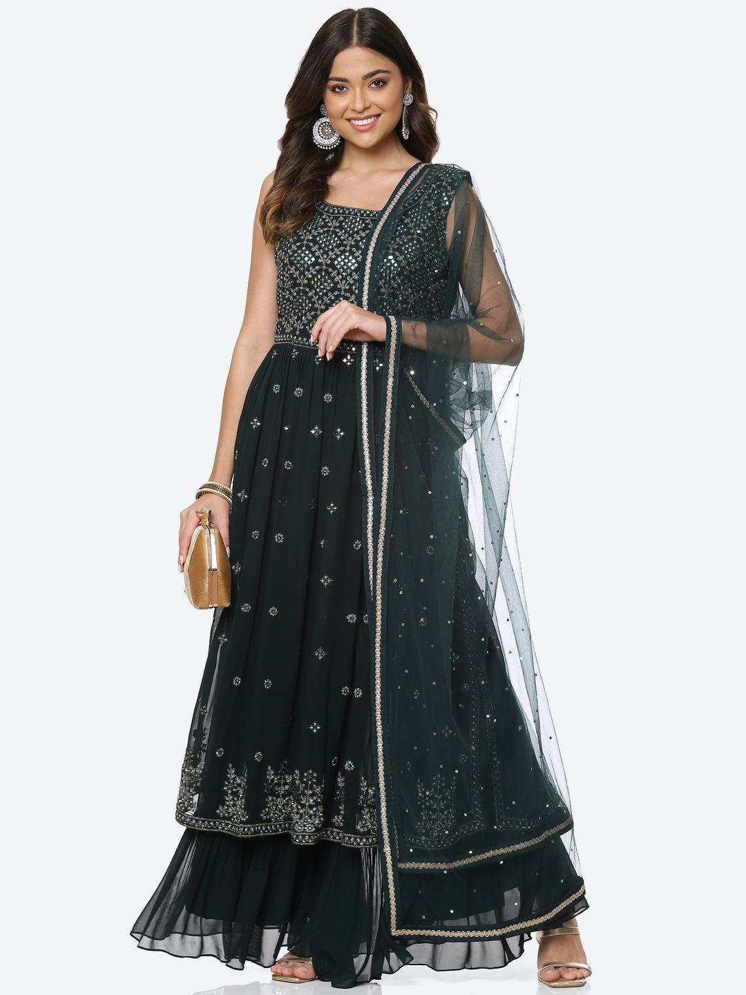 Resham Mirror Georgette Kurta With Palazzo &amp; Dupatta