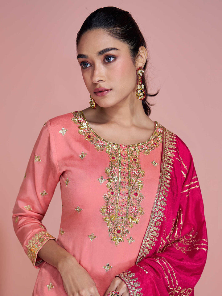 Embroidered Chinon Silk Kurti With Sharara &amp; Dupatta
