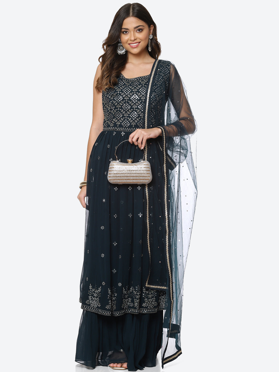 Resham Mirror Georgette Kurta With Palazzo &amp; Dupatta