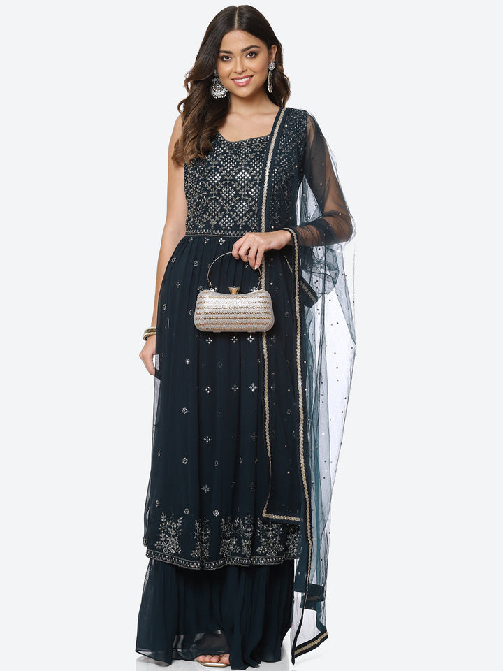 Resham Mirror Georgette Kurta With Palazzo &amp; Dupatta