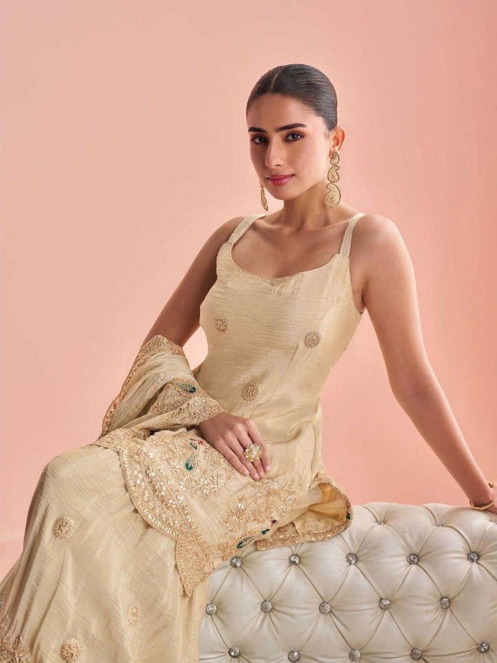 Embroidered Chinnon Silk Kurti With Gharara &amp; Dupatta