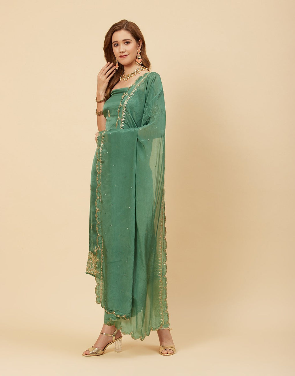 Embroidered Organza Suit Piece With Chinone Embroidered Dupatta
