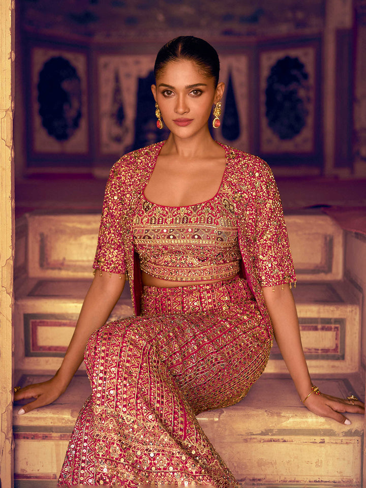 Embroidered Georgette Choli &amp; Gharara With Jacket