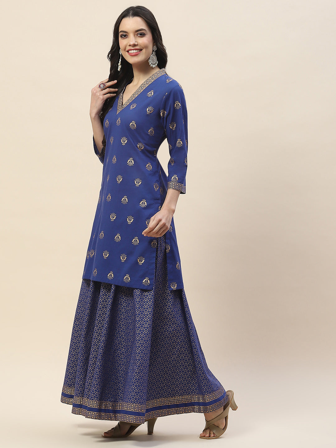 Printed Neck Patti Cotton Kurta With Skirt