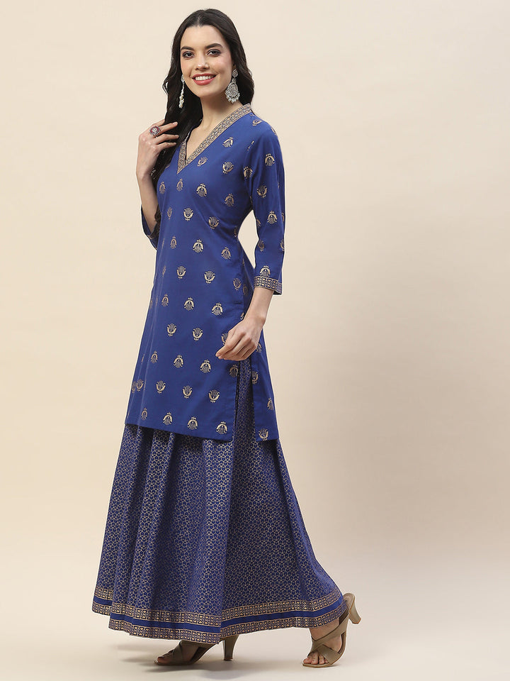 Printed Neck Patti Cotton Kurta With Skirt