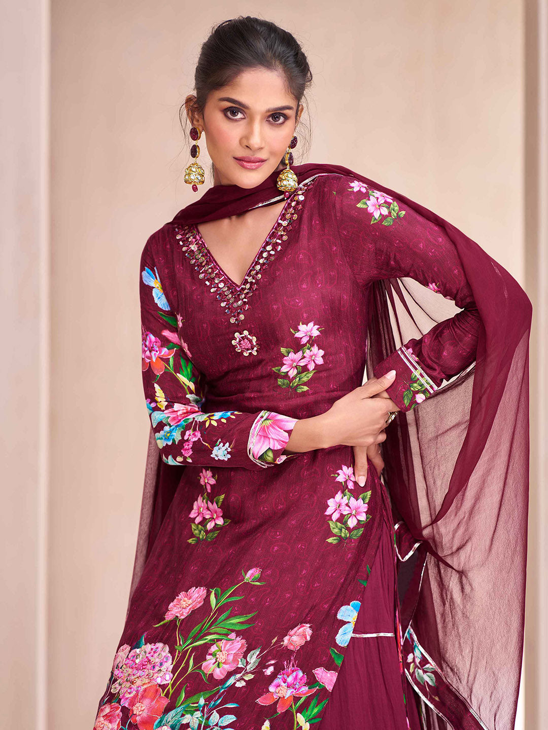 Embroidered Muslin Kurta With Plazzo &amp; Dupatta