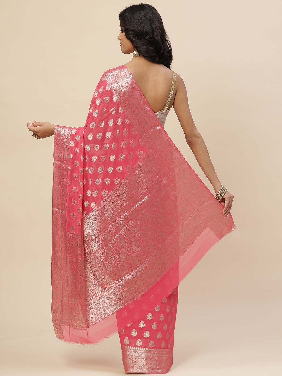 Zari Booti Chiffon Plain Saree