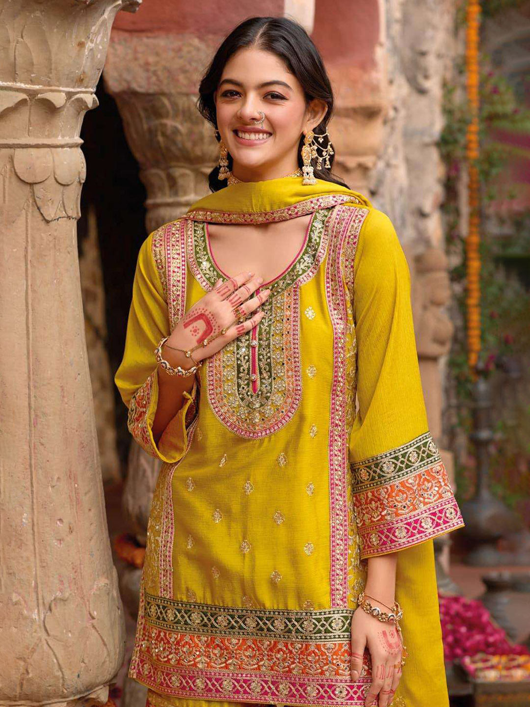 Embroidered Chinnon Silk Kurti With Gharara &amp; Dupatta