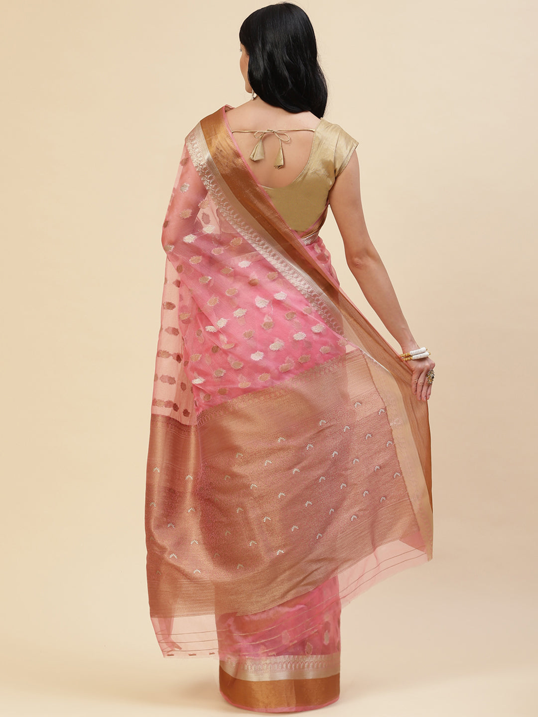 Antique Booti Organza Plain Saree