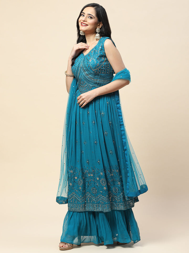 Resham Booti Embroidered Georgette Kurta With Palazzo &amp; Dupatta