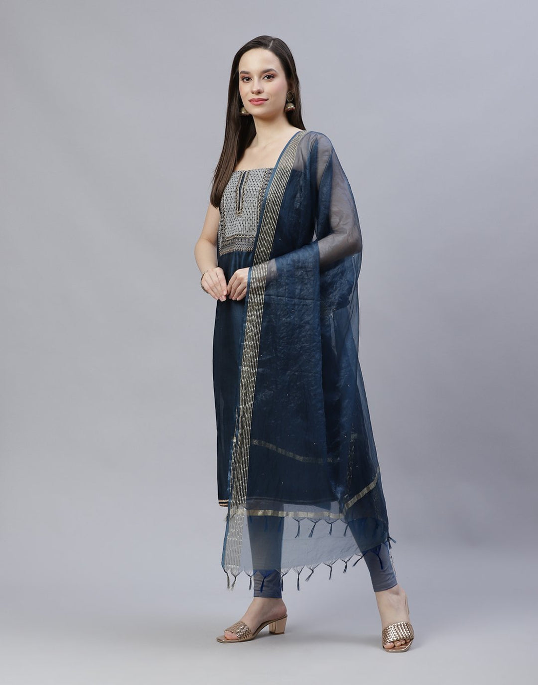 Chanderi Suit Piece With Embroidered Yoke