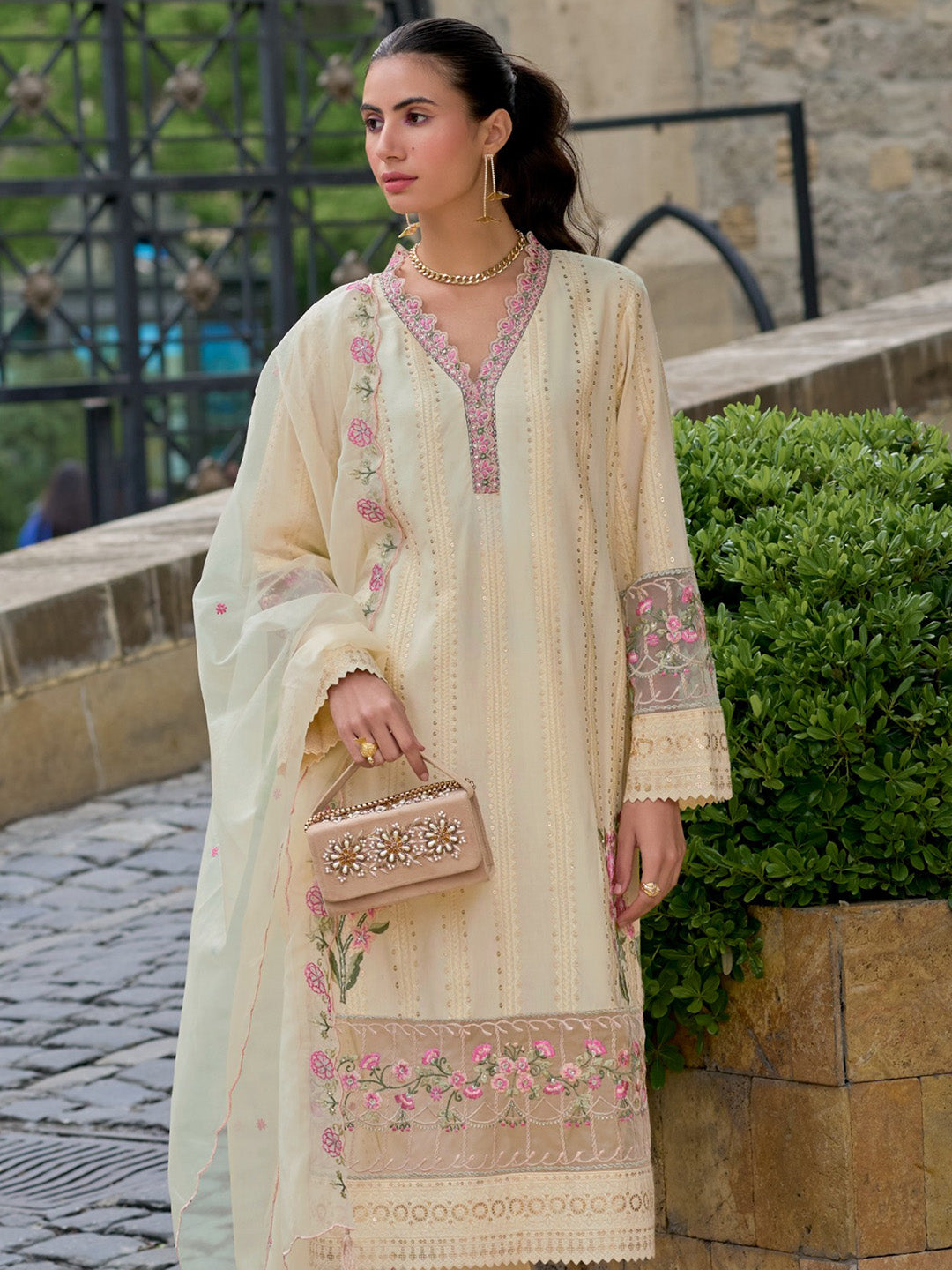 Embroidered Cotton Kurta With Pant &amp; Dupatta