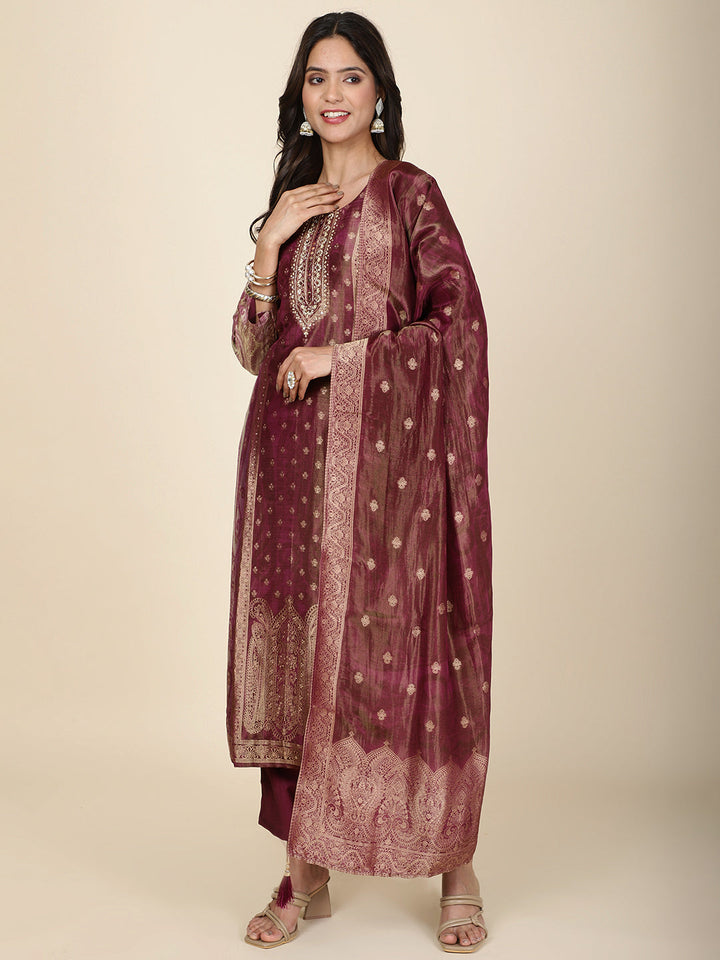 Neck Embroidery Tissue Kurta With Pants &amp; Dupatta