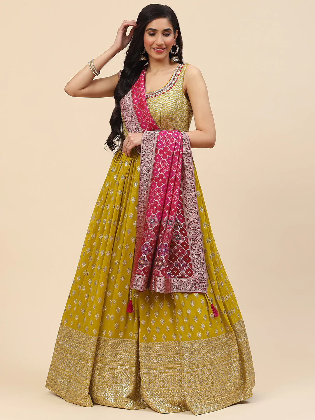 Sequin Embroidered Georgette Kurta With Churidar &amp; Dupatta