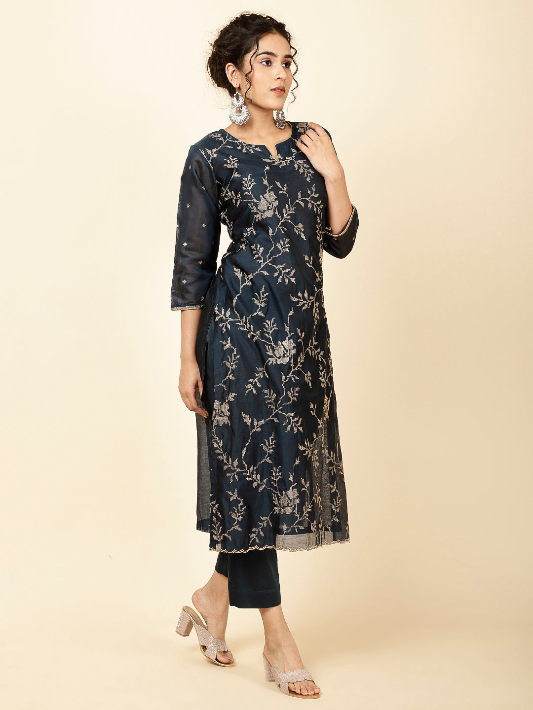 Embroidered Cotton Kurta With Pants & Dupatta