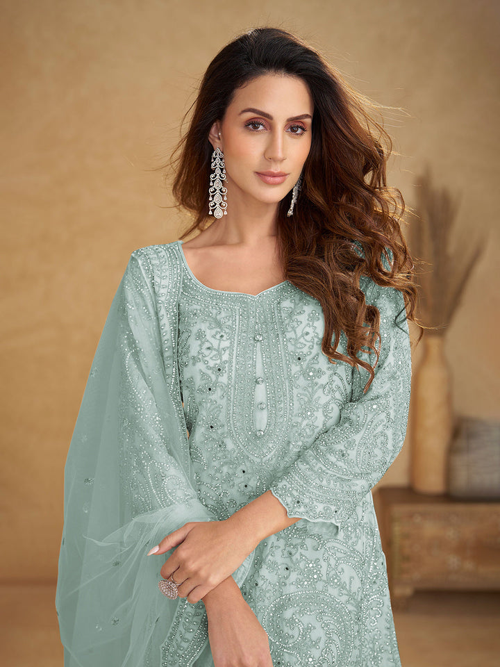 Embroidered Net Kurta With Plazzo &amp; Dupatta
