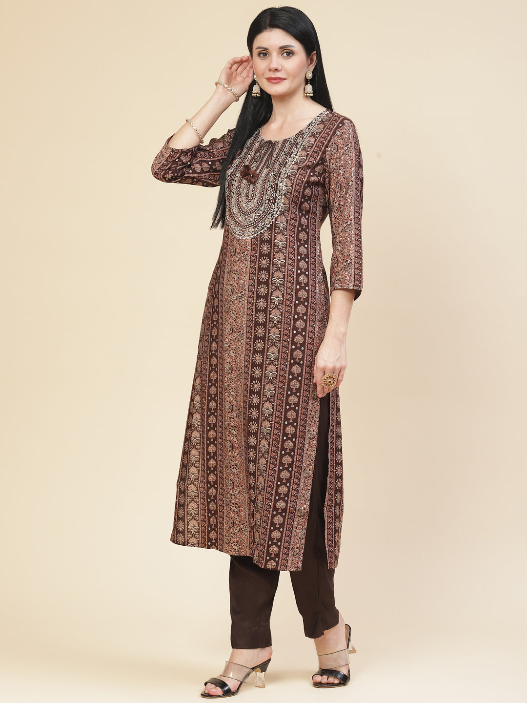 Neck Embroidered &amp; Printed Muslin Kurta With Pants