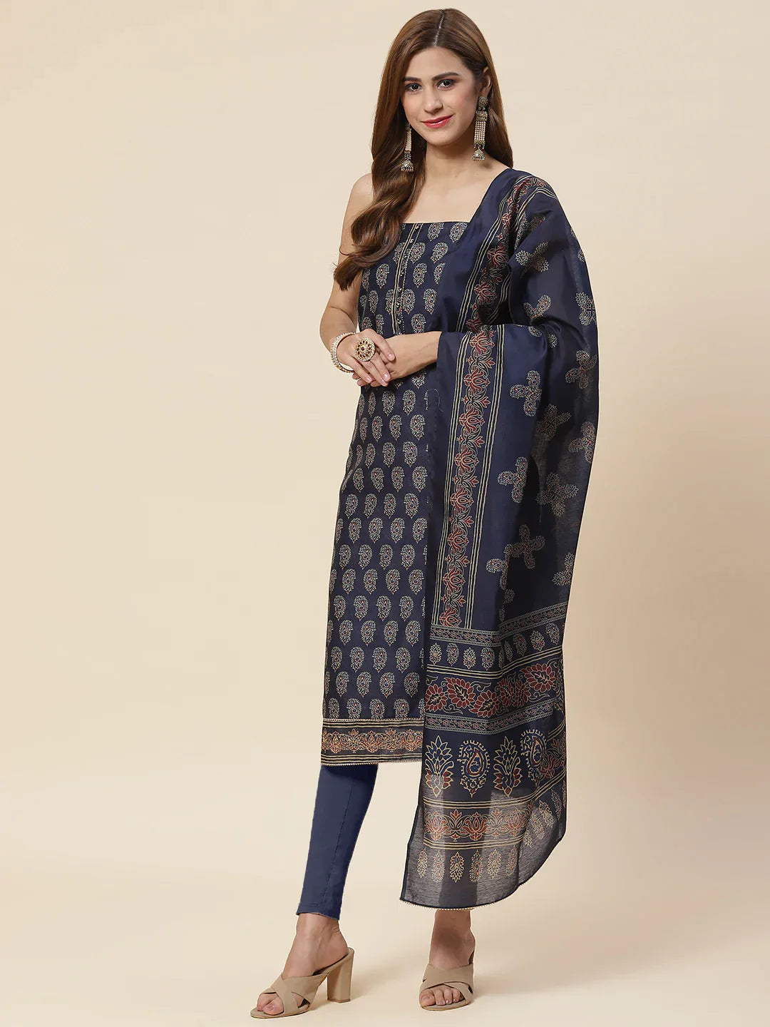 Indigo Printed Chanderi Unstitched Suit Piece With Dupatta