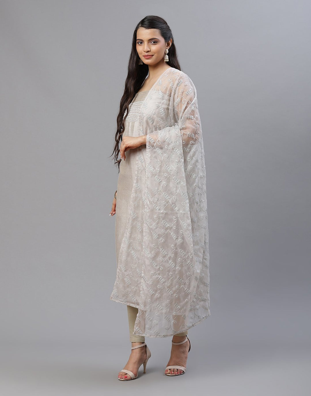Embroidered Chanderi Suit Piece With Organza Dupatta