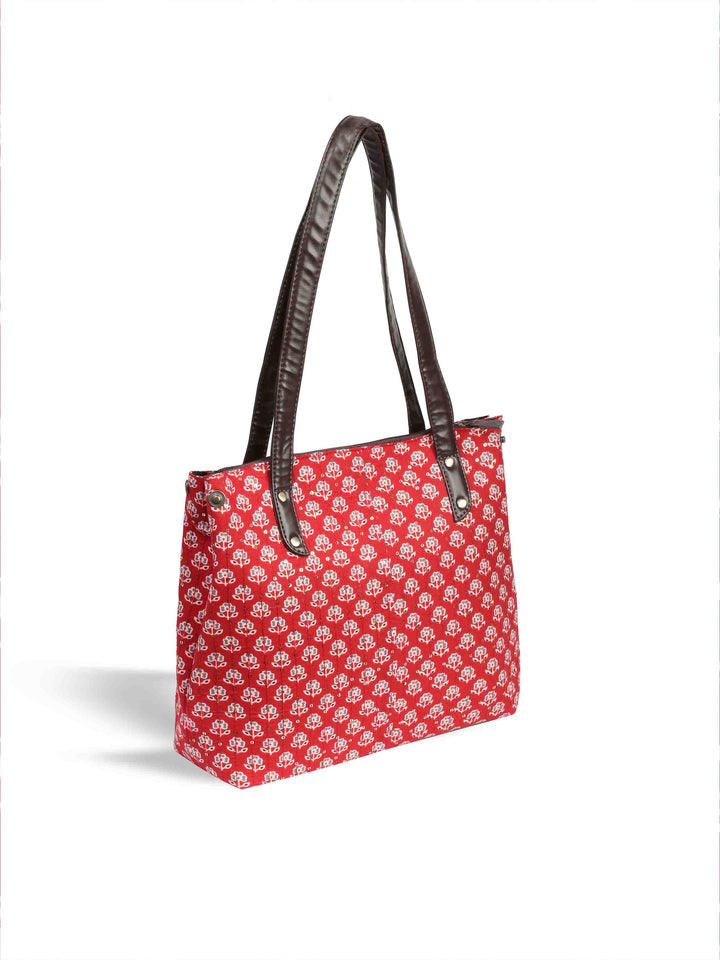 Maroon &amp; Grey Cotton Handbag With Pouch