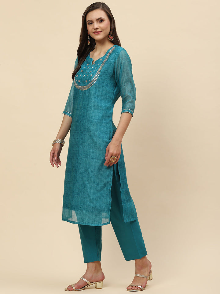 Gota Work &amp; Printed Chanderi Kurta With Pants