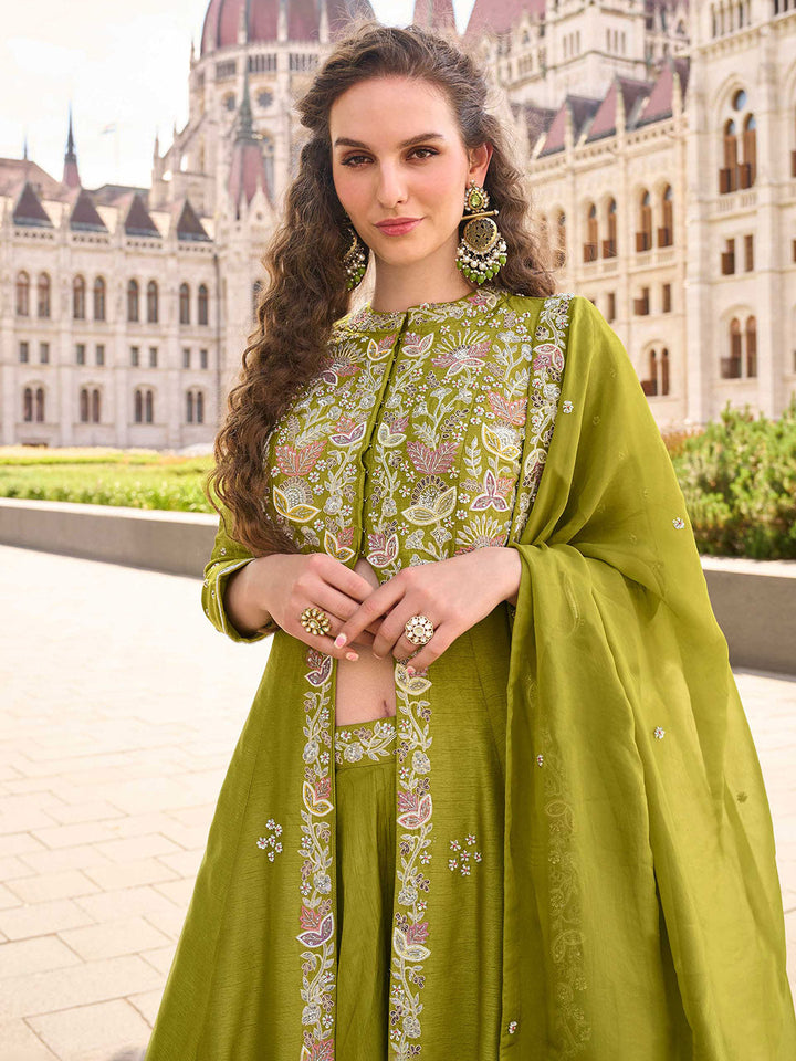 Embroidered Art Silk Suit With Gharara &amp; Dupatta