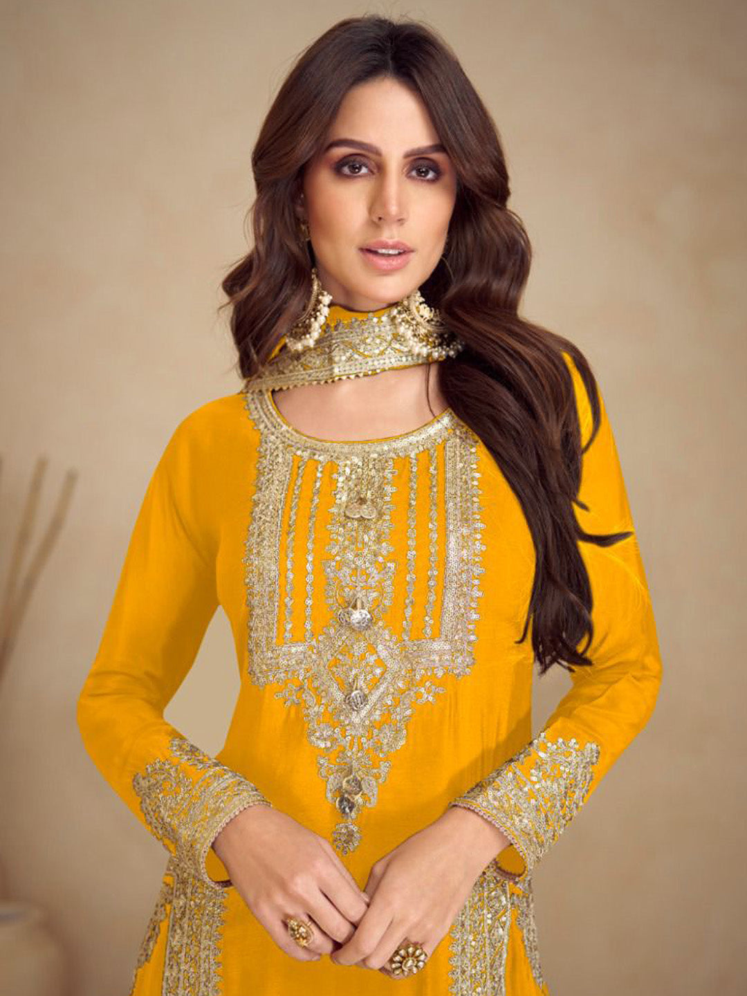 Embroidered Chinon Kurta With Pant &amp; Dupatta