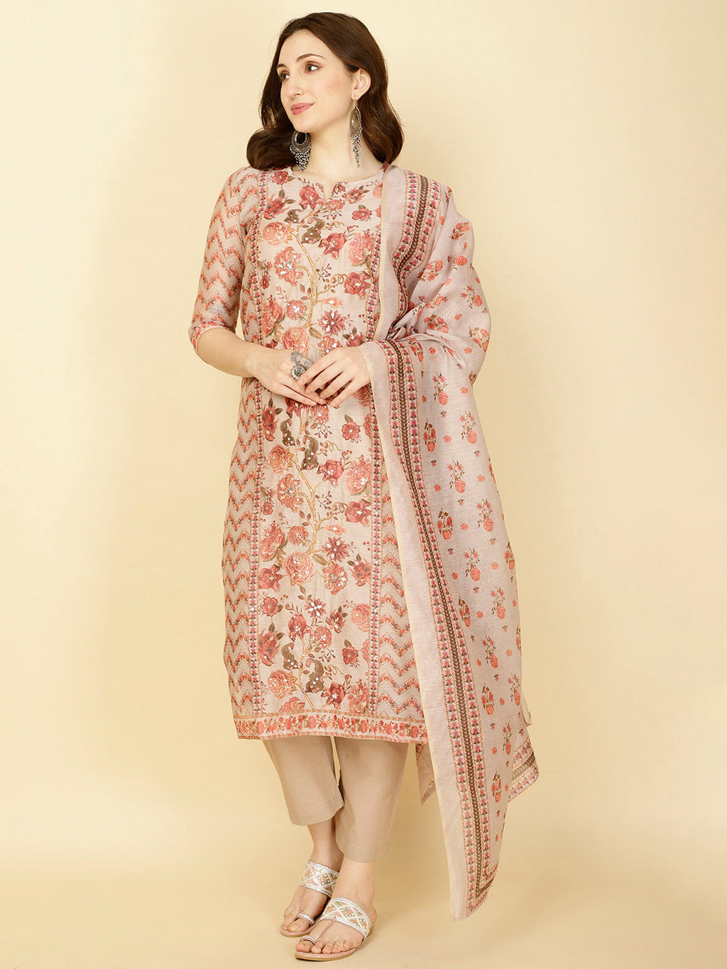 Floral Printed Chanderi Kurta With Pants & Dupatta