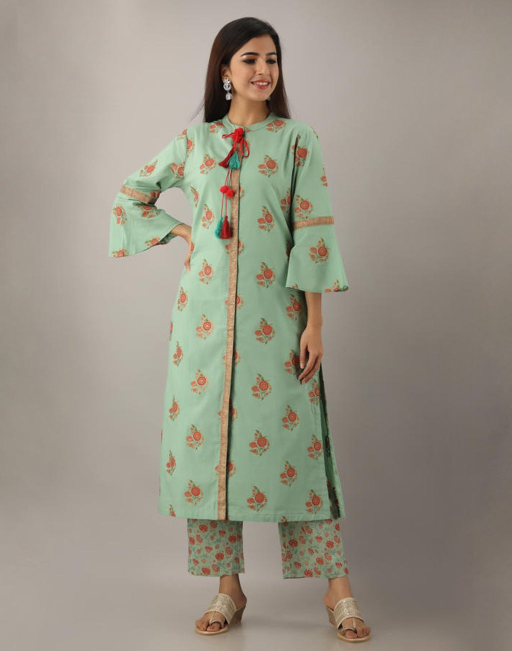 Printed Cotton Kurti And Pant With Bell Sleeves