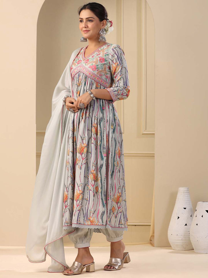 Printed Cotton Kurta With Pants &amp; Dupatta