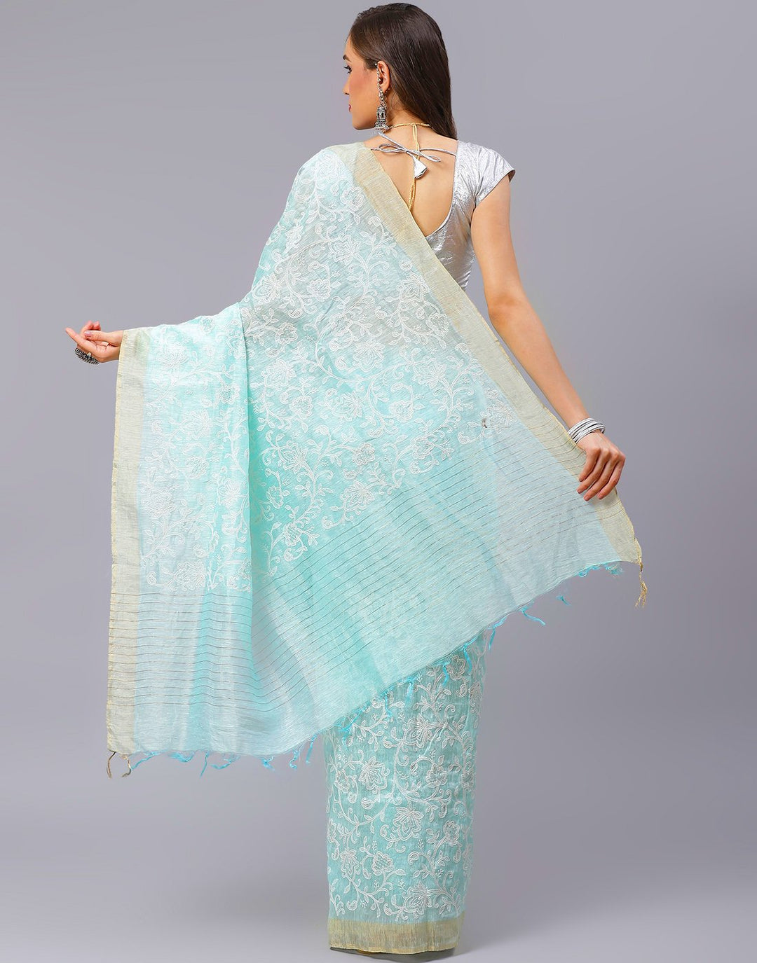 Embroidery Firozee and Grey Saree