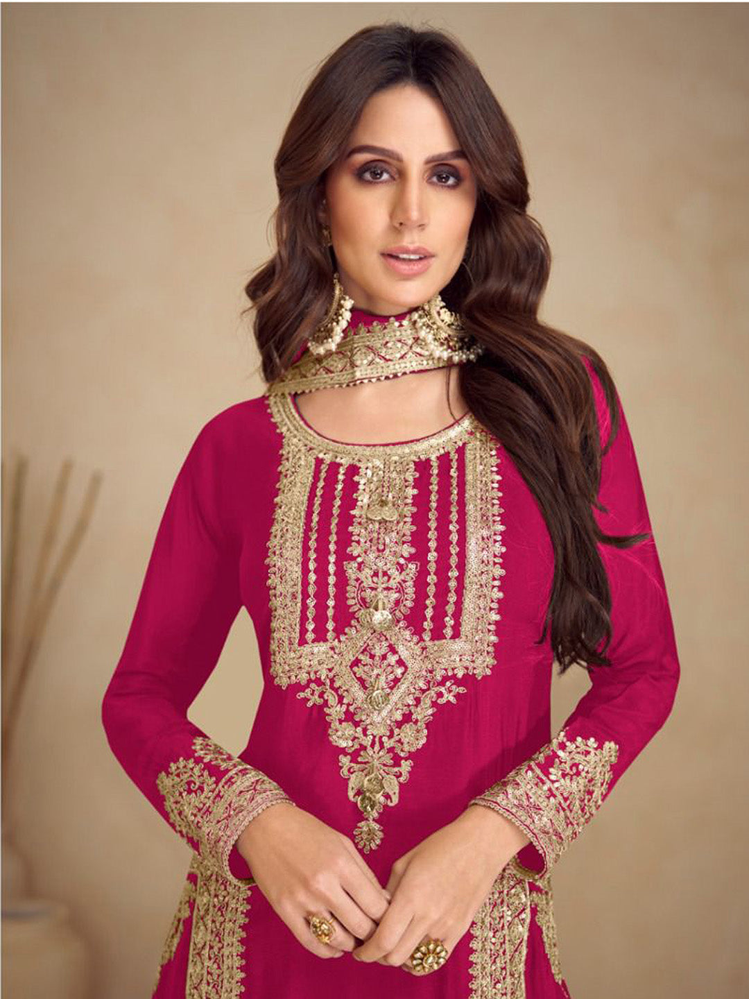 Embroidered Chinon Kurta With Pant &amp; Dupatta