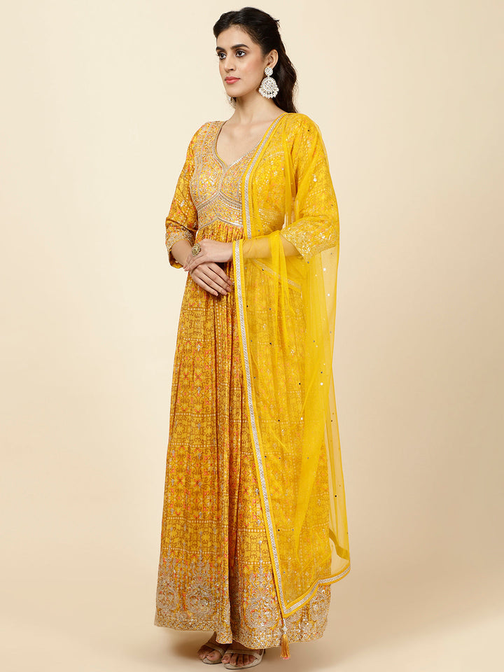 Floral Printed Crepe Kurta With Churidar &amp; Dupatta