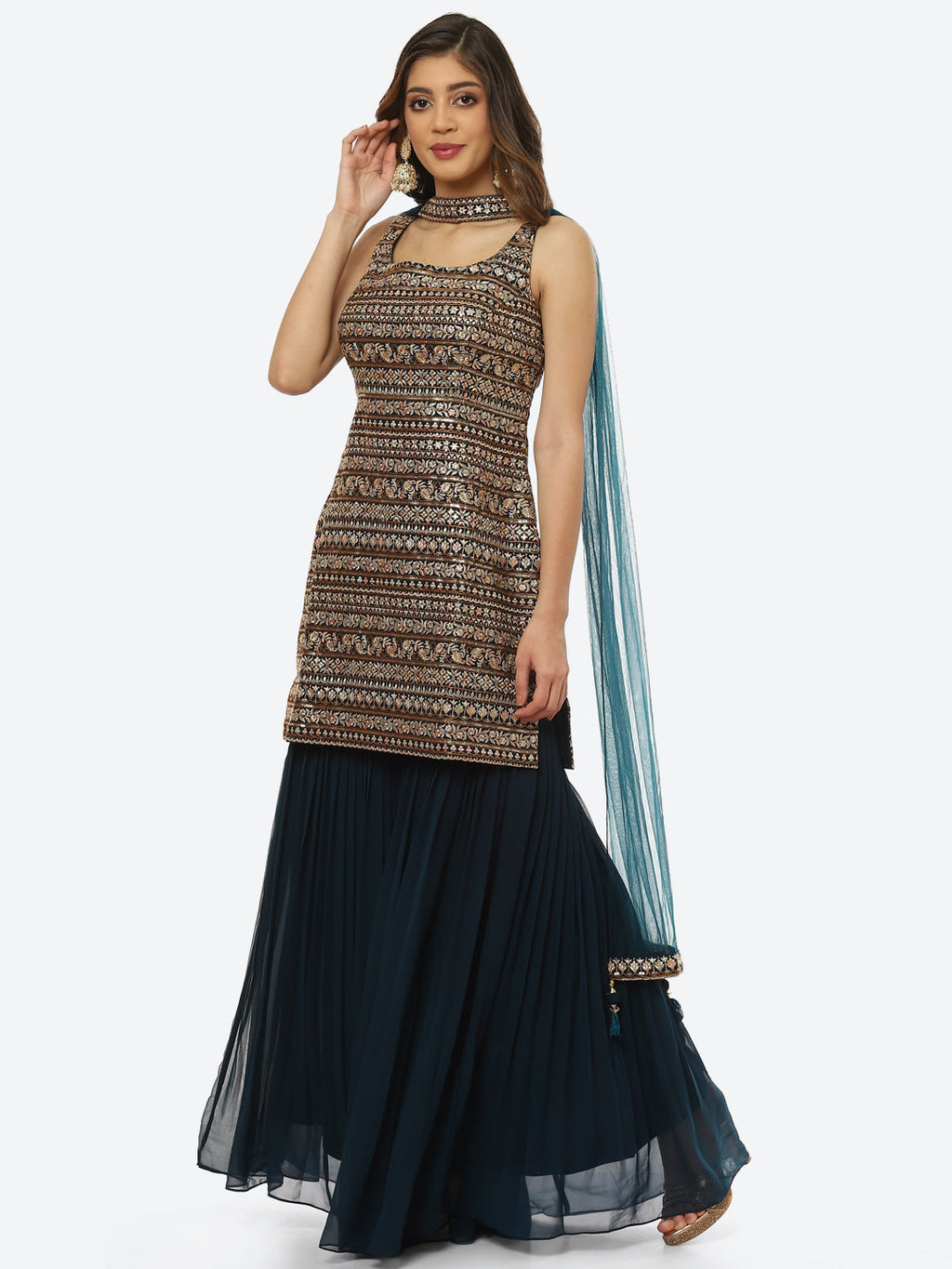 Zari Embroidered Georgette kurta With Palazzo & Dupatta