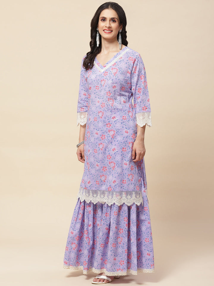 Floral Printed Cotton Kurta With Sharara