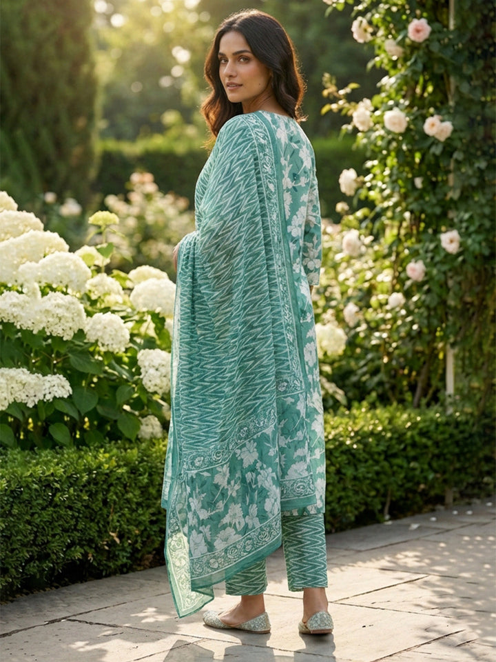 Printed Cotton Blend Kurta With Pant &amp; Dupatta