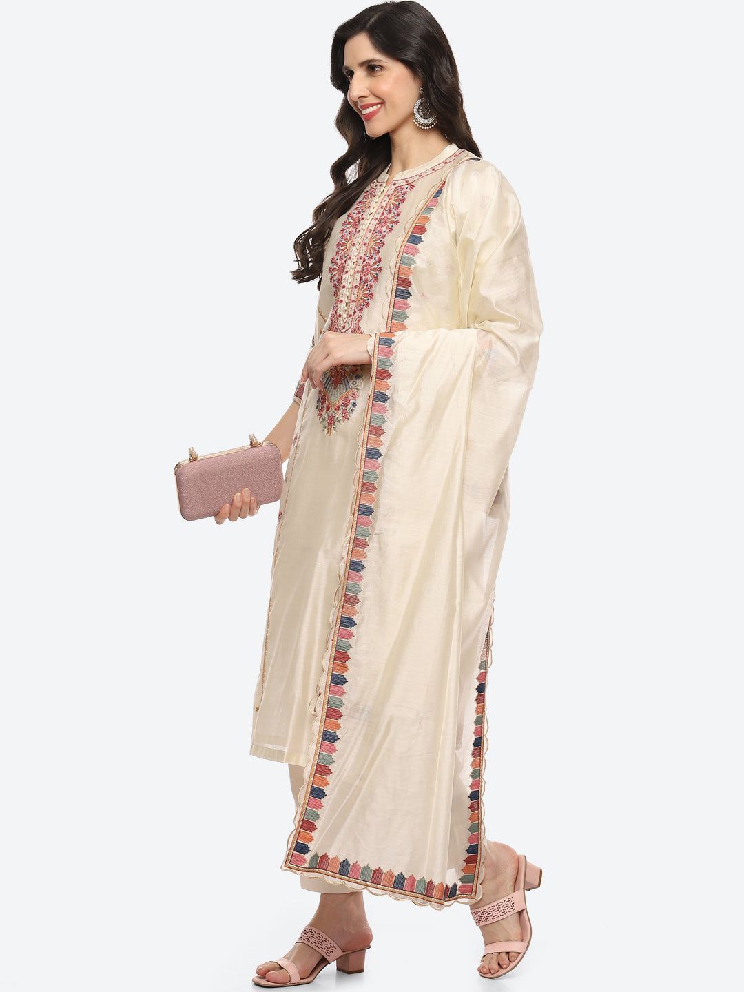 Resham Neck Booti Cotton kurta With Pant &amp; Dupatta