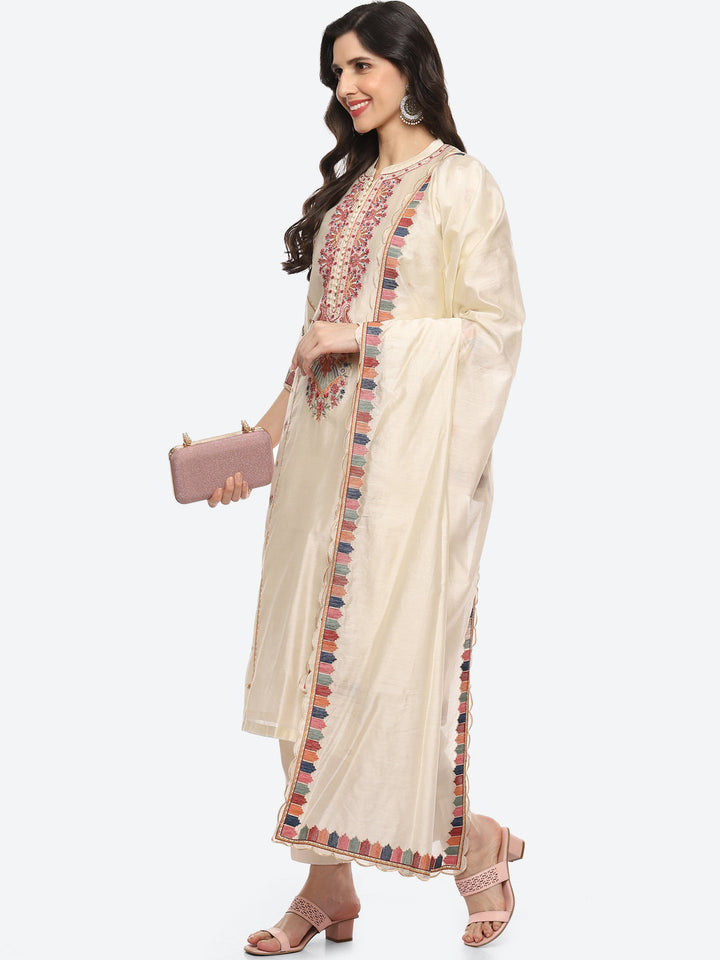 Resham Neck Booti Cotton kurta With Pant &amp; Dupatta