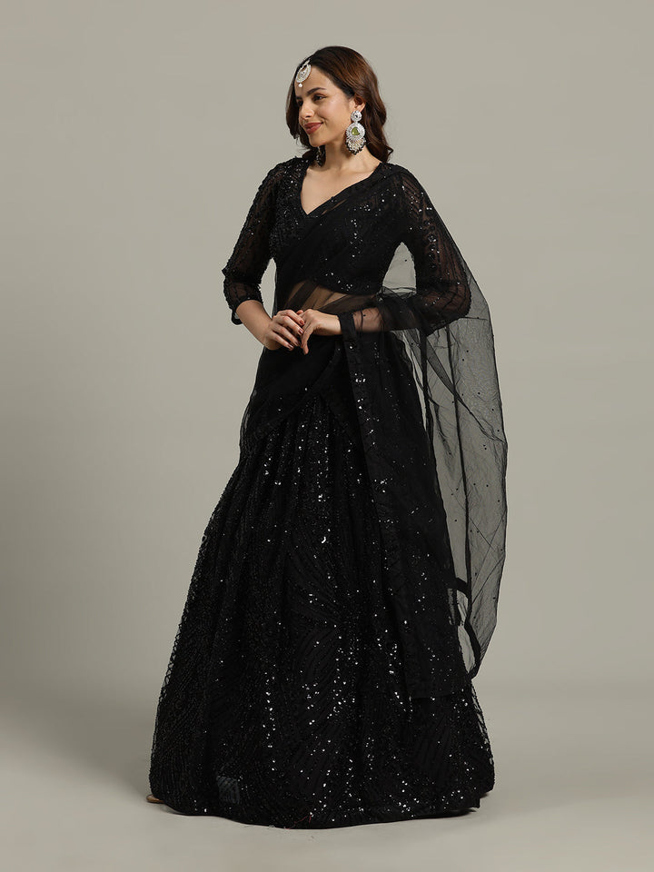 Sequin Embroidery Net Choli With Lehenga &amp; Dupatta