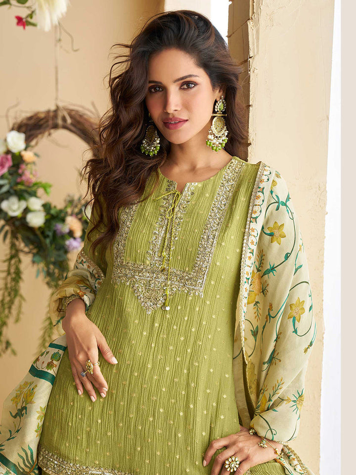 Embroidered Chinnon Kurta With Plazzo &amp; Dupatta