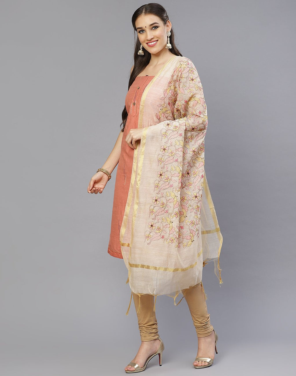 Chanderi Embroidered Suit Piece with fancy dupatta