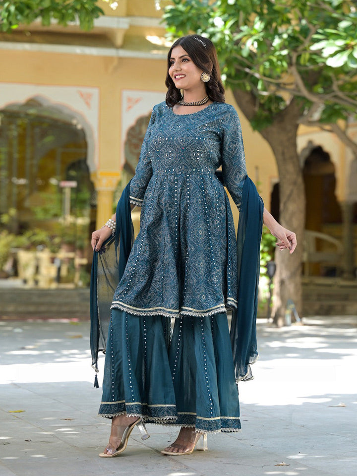 Bandhej Printed Cotton Kurta With Garara &amp; Dupatta