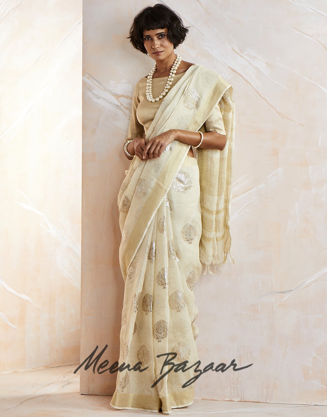 Cream Gold Cotton Linen Printed Saree