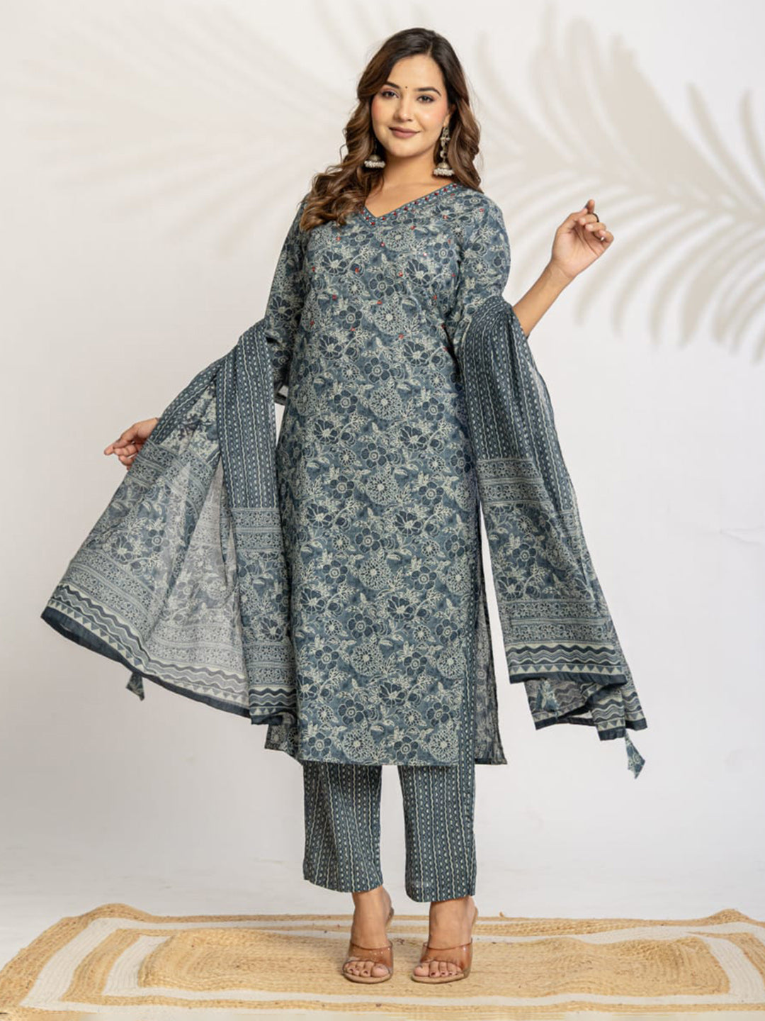 Grey Embroidered Cotton Blend Straight Suit Set With Dupatta