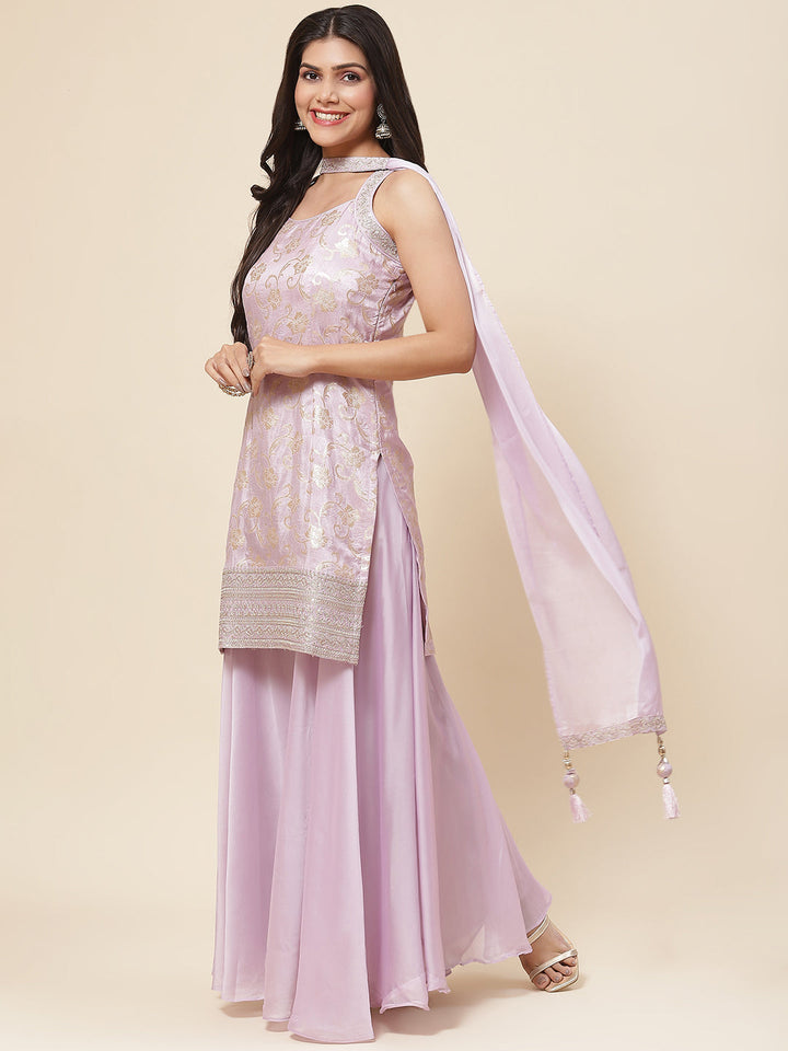 Floral Woven Georgette Kurta With Sharara &amp; Dupatta